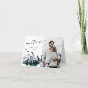 Elegant Watercolor Mountains Forest PHOTO Wedding Thank You Card