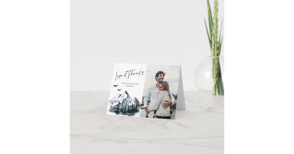 Elegant Watercolor Mountains Forest PHOTO Wedding Thank You Card | Zazzle
