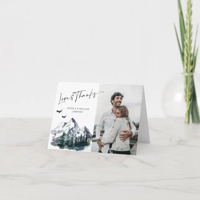 Elegant Watercolor Mountains Forest PHOTO Wedding Thank You Card | Zazzle