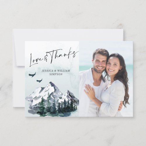 Elegant Watercolor Mountains Forest PHOTO Wedding  Thank You Card