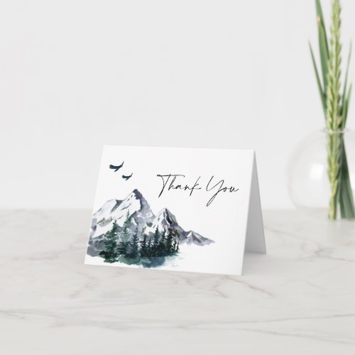 Elegant Watercolor Mountains Forest QR code Thank You Card