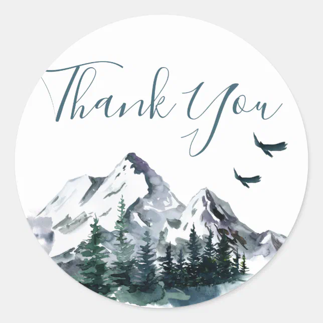 Elegant Watercolor Mountains Forest Thank You Cla Classic Round Sticker ...