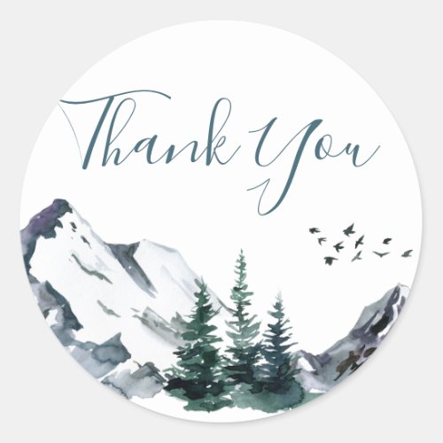 Elegant Watercolor Mountains Forest Thank You  Cla Classic Round Sticker