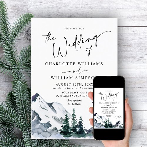 Elegant Watercolor Mountains Forest Wedding  Invitation