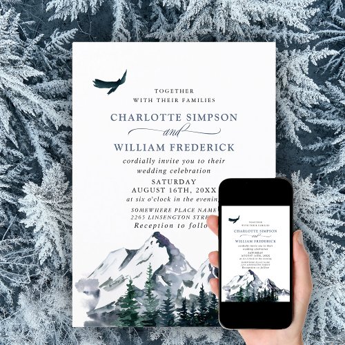 Elegant Watercolor Mountains Forest Wedding  Invitation