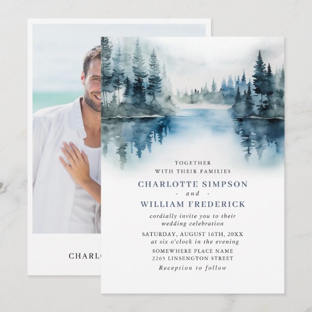 Elegant Watercolor Mountains Forest Wedding Photo Invitation (Front/Back)