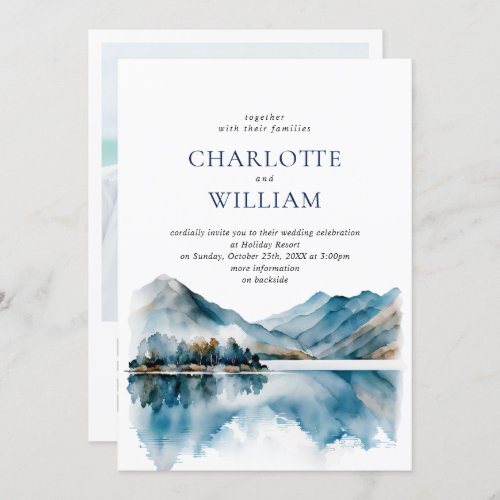 Elegant Watercolor Mountains Forest Wedding Photo Invitation