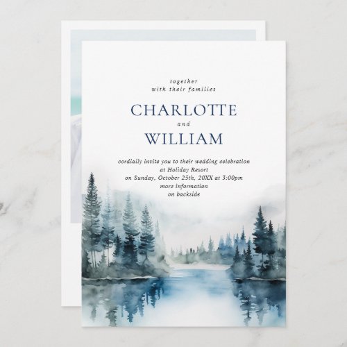 Elegant Watercolor Mountains Forest Wedding Photo Invitation