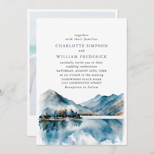 Elegant Watercolor Mountains Forest Wedding Photo Invitation