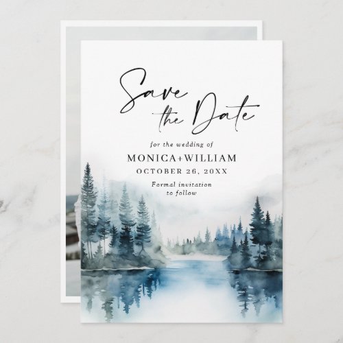Elegant Watercolor Mountains Forest Wedding Photo Save The Date