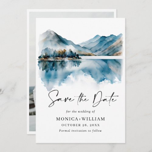 Elegant Watercolor Mountains Forest Wedding Photo Save The Date