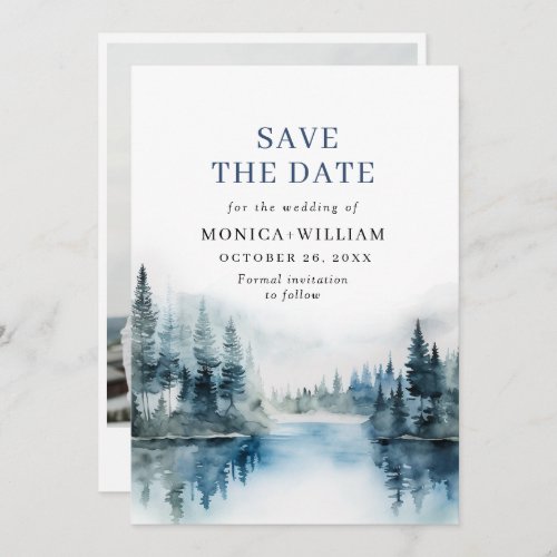 Elegant Watercolor Mountains Forest Wedding Photo Save The Date