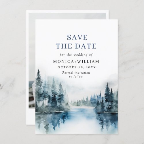 Elegant Watercolor Mountains Forest Wedding Photo Save The Date