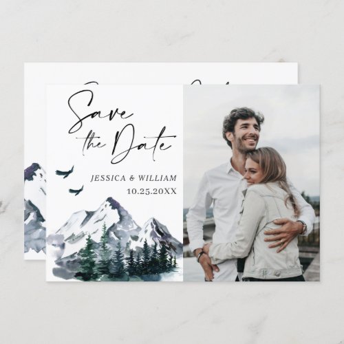 Elegant Watercolor Mountains Forest Wedding Photo Save The Date