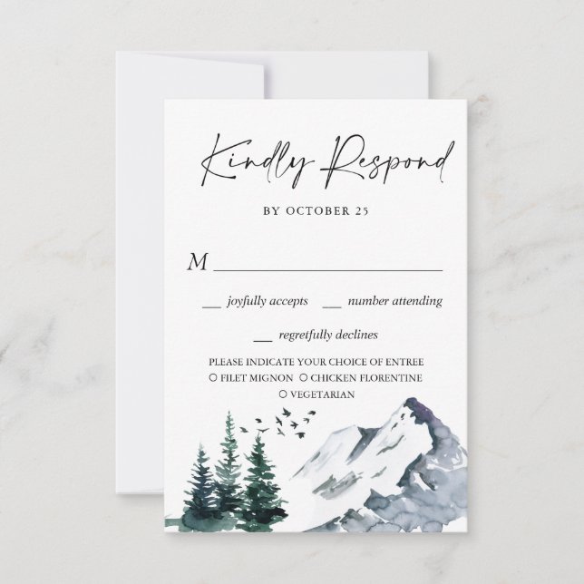Elegant Watercolor Mountains Forest Wedding  RSVP  (Front)