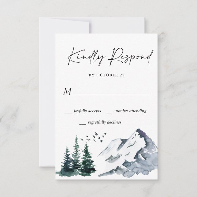 Elegant Watercolor Mountains Forest Wedding  RSVP  (Front)