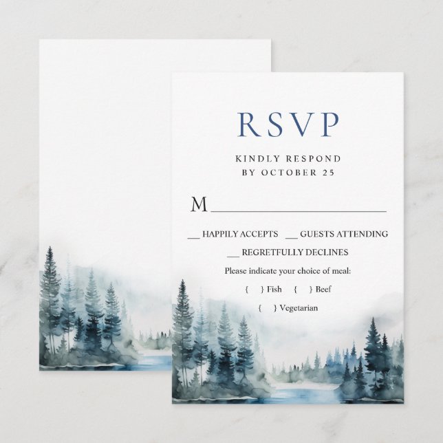 Elegant Watercolor Mountains Forest Wedding RSVP Card (Front/Back)