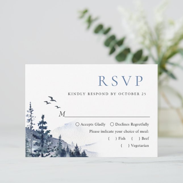 Elegant Watercolor Mountains Forest Wedding RSVP Card (Standing Front)