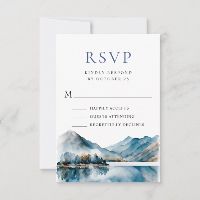 Elegant Watercolor Mountains Forest Wedding RSVP Card (Front)