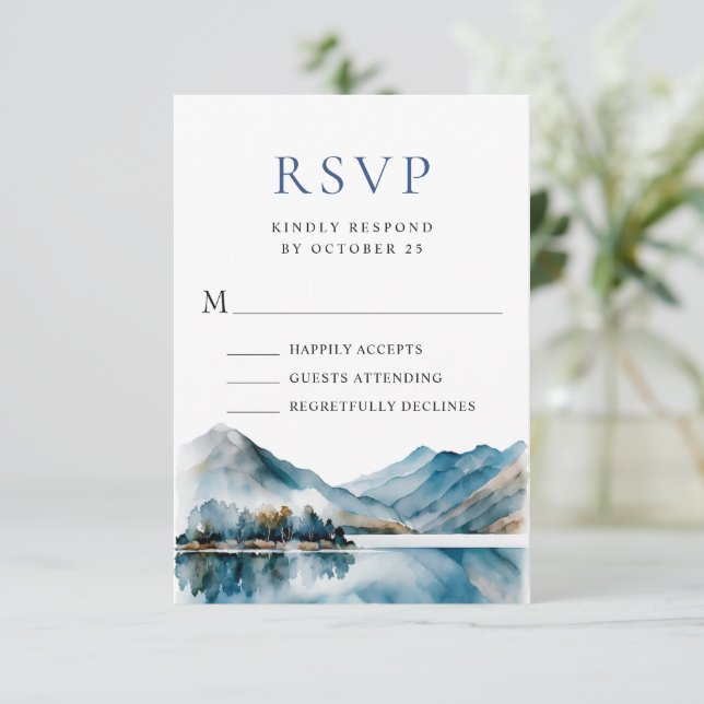 Elegant Watercolor Mountains Forest Wedding RSVP Card (Standing Front)