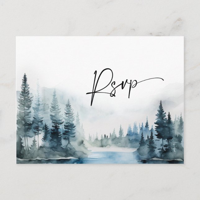 Elegant Watercolor Mountains Forest Wedding RSVP Postcard (Front)