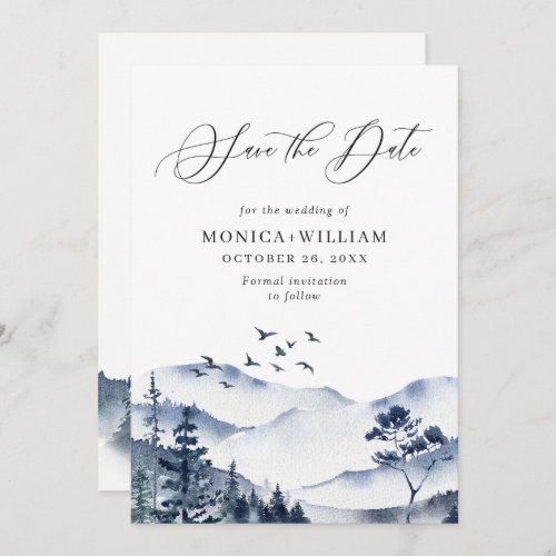 Elegant Watercolor Mountains Forest Wedding Save The Date