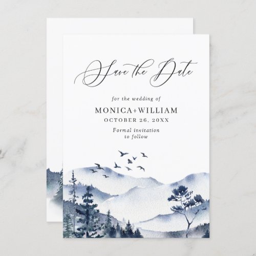 Elegant Watercolor Mountains Forest Wedding Save The Date