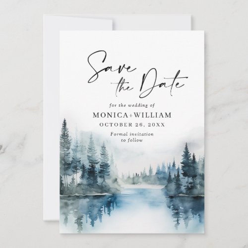 Elegant Watercolor Mountains Forest Wedding Save The Date