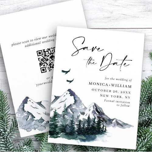 Elegant Watercolor Mountains Forest Wedding Save The Date