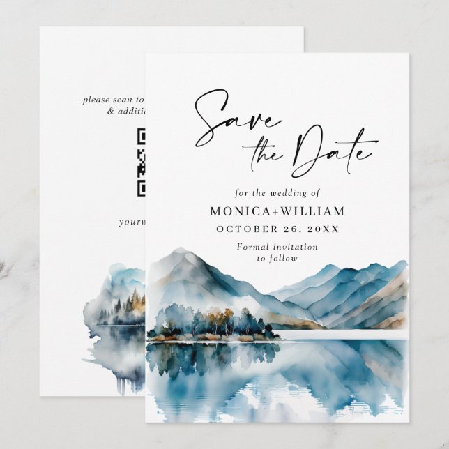 Elegant Watercolor Mountains Forest Wedding Save The Date (Front/Back)