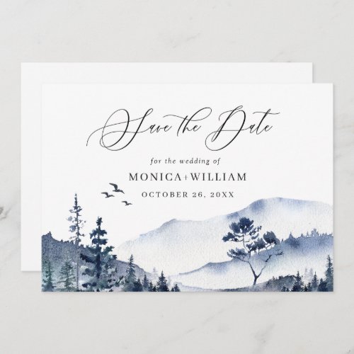 Elegant Watercolor Mountains Forest Wedding Save The Date