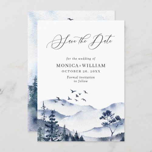 Elegant Watercolor Mountains Forest Wedding Save The Date