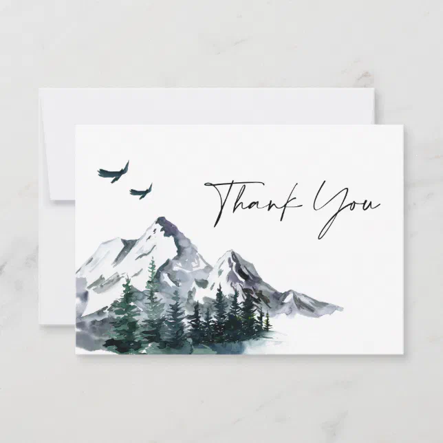Elegant Watercolor Mountains Forest Wedding Thank You Card | Zazzle