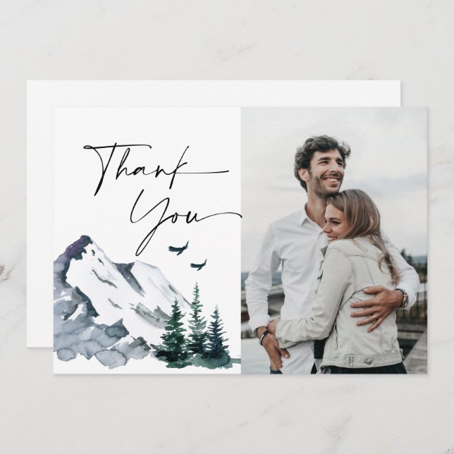 Elegant Watercolor Mountains Forest Wedding Thank You Card (Front/Back)