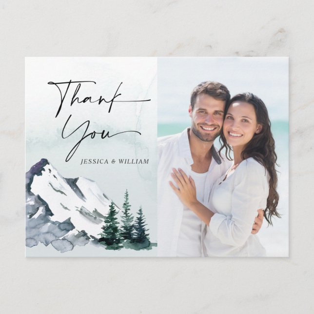 Elegant Watercolor Mountains PHOTO Thank You  Postcard (Front)