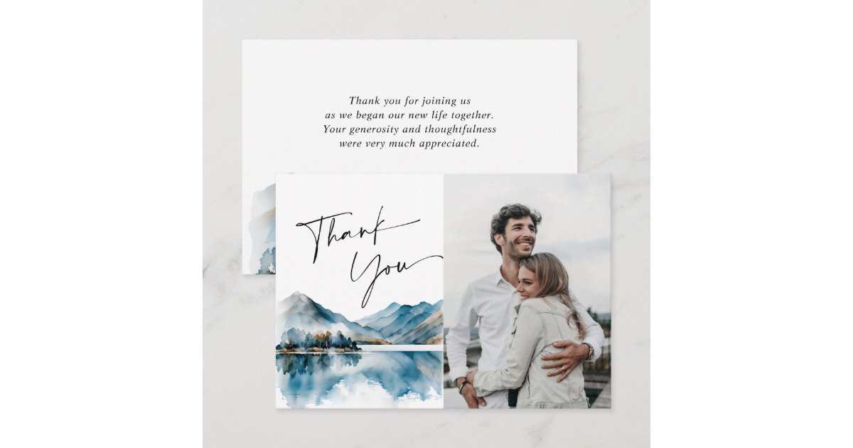 Elegant Watercolor Mountains Wedding Photo Thank You Card | Zazzle
