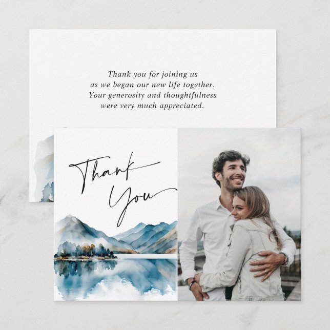 Elegant Watercolor Mountains Wedding Photo Thank You Card (Front/Back)