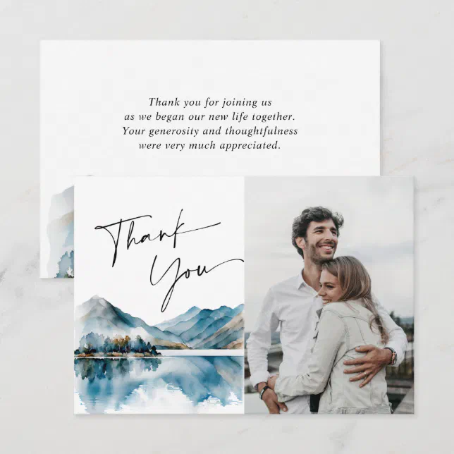 Elegant Watercolor Mountains Wedding Photo Thank You Card | Zazzle