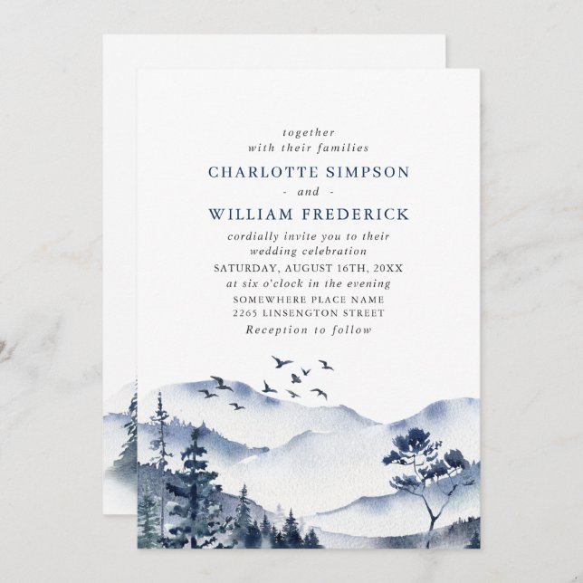 Elegant Watercolor Mountains Wedding QR code Invitation (Front/Back)