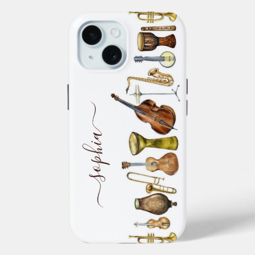 Elegant Watercolor Music Instruments Custom iPhone 15 Case