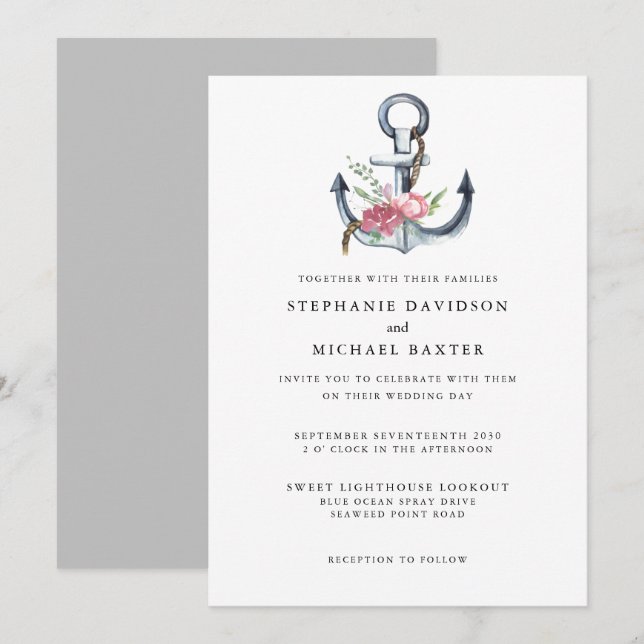 Elegant Watercolor Nautical Anchor Greenery Invitation (Front/Back)