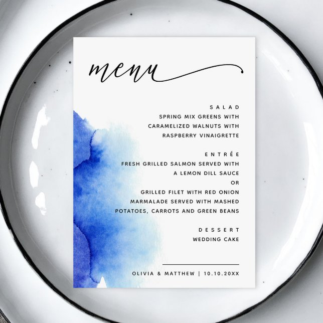 Elegant watercolor nautical blue script wedding menu (Creator Uploaded)