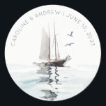 Elegant Watercolor Nautical Sailing Yacht Wedding Classic Round Sticker<br><div class="desc">For any further customisation or any other matching items,  please feel free to contact me at yellowfebstudio@gmail.com</div>