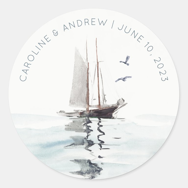 Elegant Watercolor Nautical Sailing Yacht Wedding Classic Round Sticker