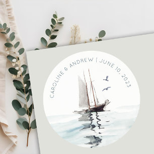 Elegant Watercolor Nautical Sailing Yacht Wedding Classic Round Sticker