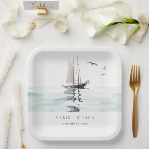 Elegant Watercolor Nautical Sailing Yacht Wedding Paper Plates