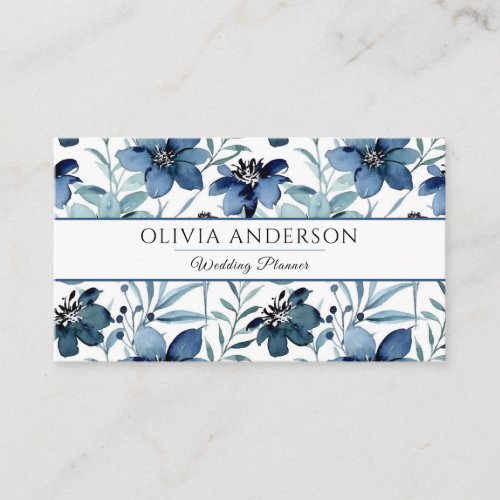 Elegant Watercolor Navy Blue Floral Modern Pattern Business Card