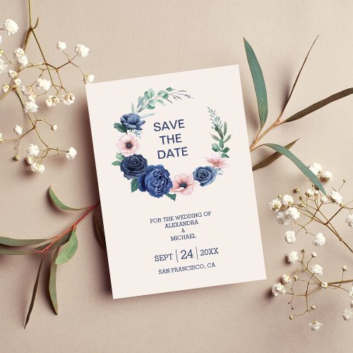 Elegant Watercolor Navy Blue Floral Wedding Save T Save The Date