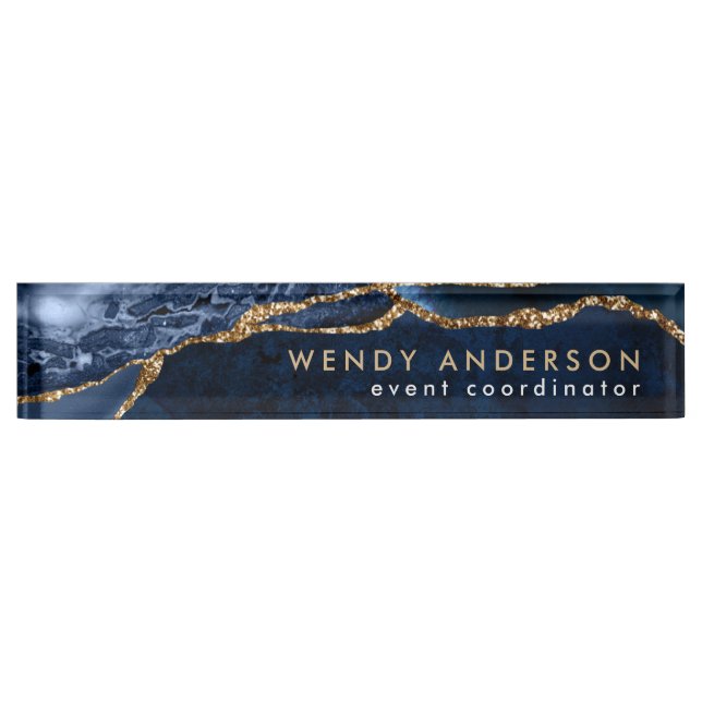 Elegant Watercolor Navy Blue Gold Glitter Agate Desk Name Plate (Front)