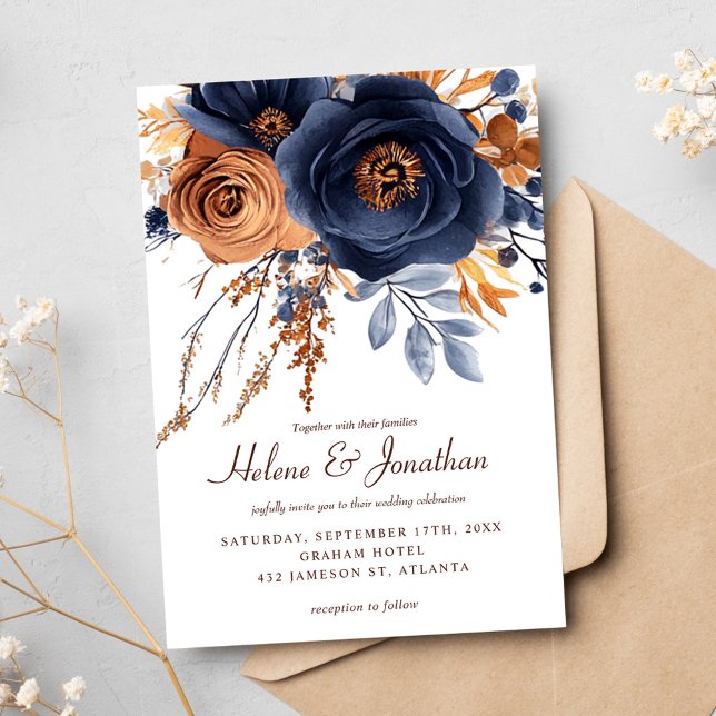 Elegant Watercolor Navy Blue Terracotta Wedding Invitation (Elegant Watercolor Navy Blue Terracotta Wedding Invitation)